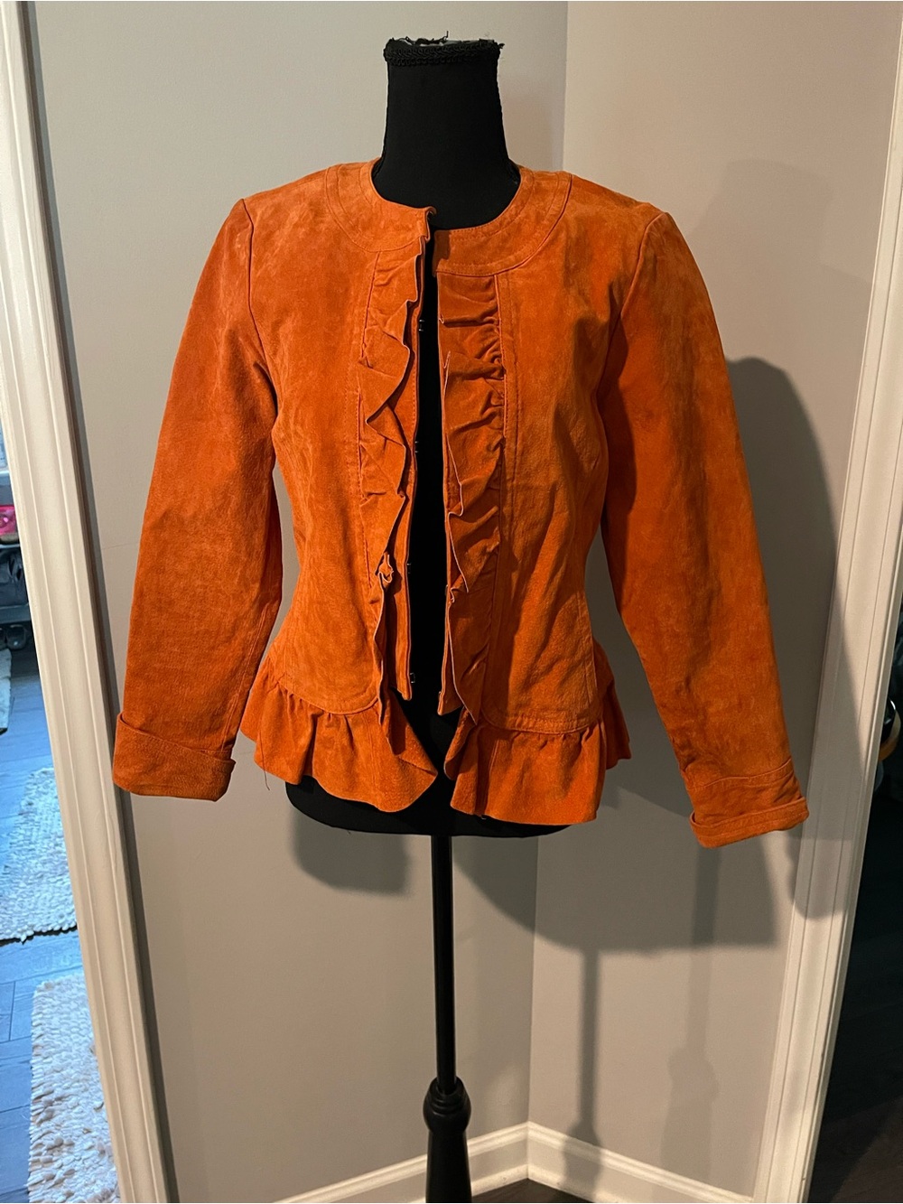Spenser Jeremy Vibrant Orange Suede Ruffle Peplum Jacket